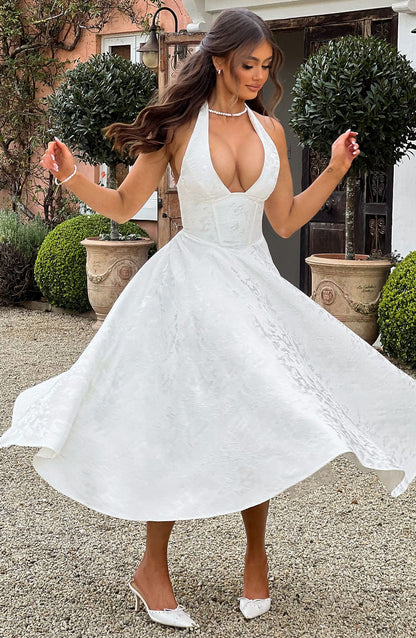 Elegant Pink Jacquard Autumn Wedding Guest Dress for Women with Halter Sweetheart Neckline Lace Up Back Fit Flare Style