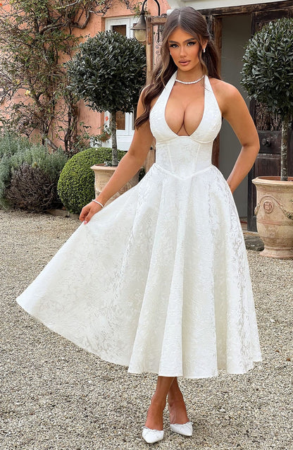 Elegant Pink Jacquard Autumn Wedding Guest Dress for Women with Halter Sweetheart Neckline Lace Up Back Fit Flare Style