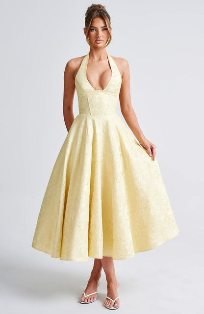 Elegant Pink Jacquard Autumn Wedding Guest Dress for Women with Halter Sweetheart Neckline Lace Up Back Fit Flare Style