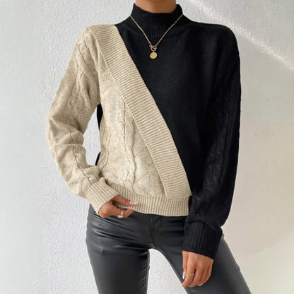 Warm Color Block Cable Knit Sweater for Women with Mock Neck Long Sleeve Ribbed Knit Knit Style