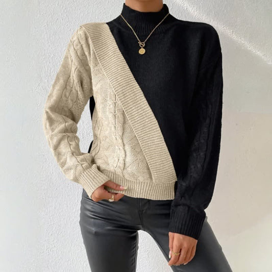 Warm Color Block Cable Knit Sweater for Women with Mock Neck Long Sleeve Ribbed Knit Knit Style