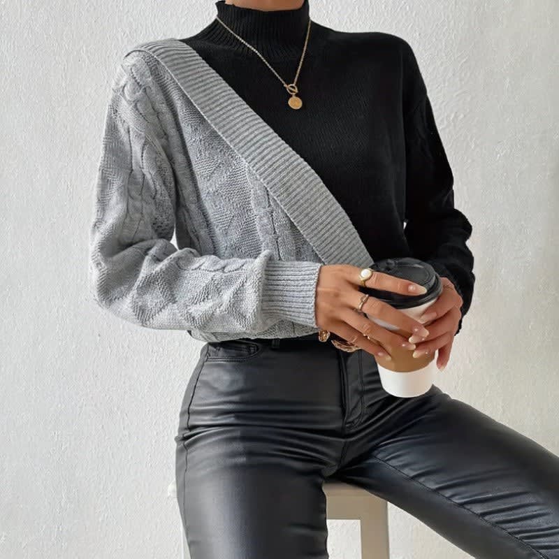 Warm Color Block Cable Knit Sweater for Women with Mock Neck Long Sleeve Ribbed Knit Knit Style