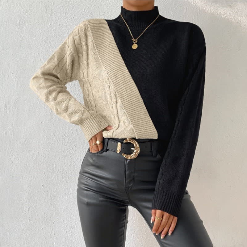 Warm Color Block Cable Knit Sweater for Women with Mock Neck Long Sleeve Ribbed Knit Knit Style