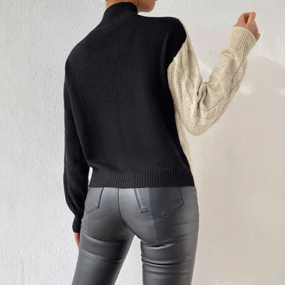 Warm Color Block Cable Knit Sweater for Women with Mock Neck Long Sleeve Ribbed Knit Knit Style