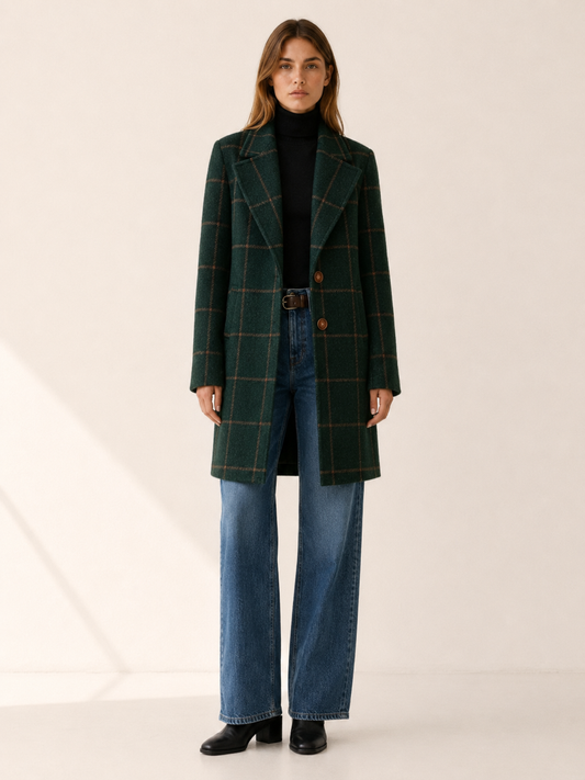 Chic Long Trench Coat for Women with Windowpane Check Notched Lapel Single Button Structured Style