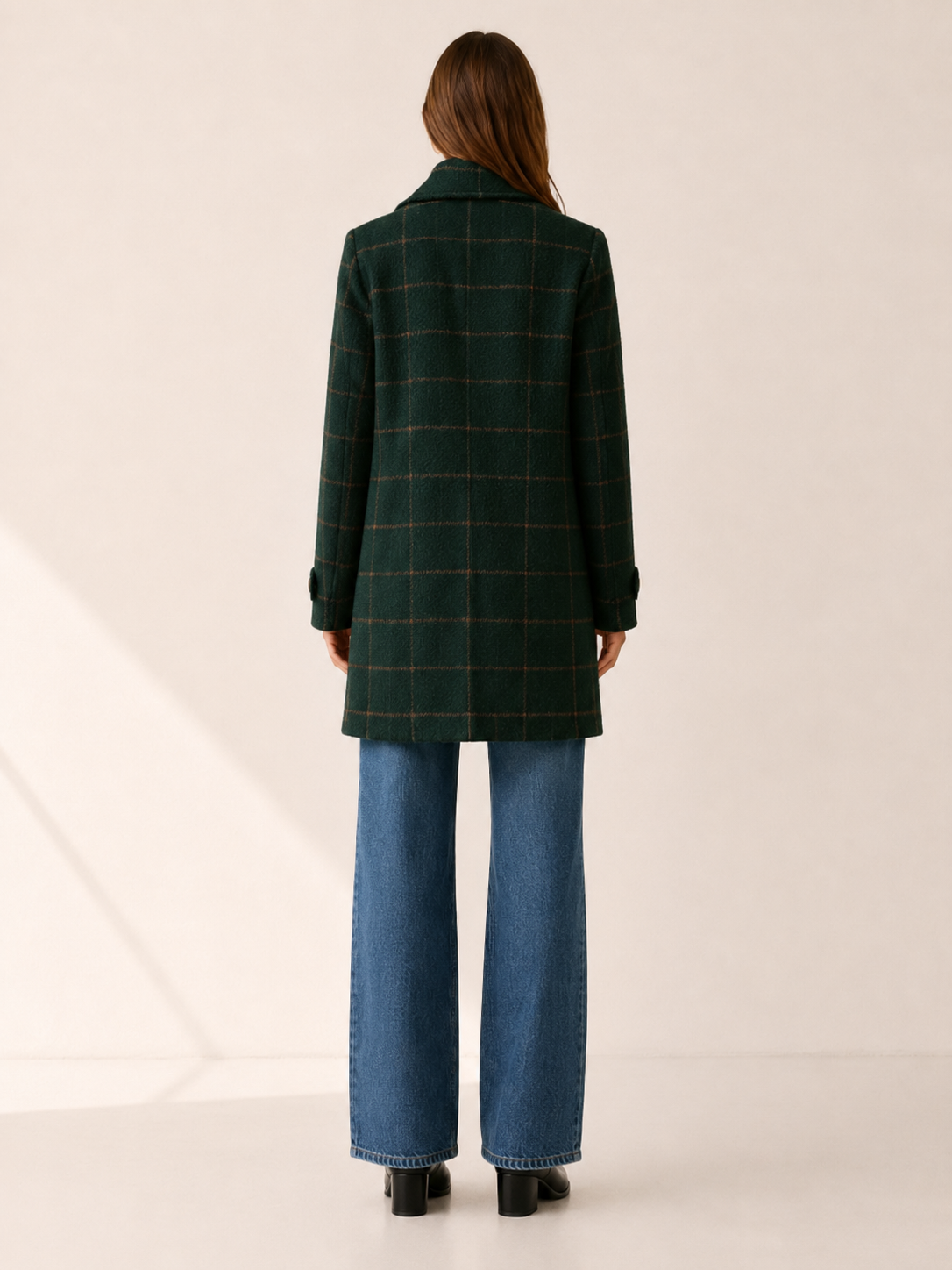 Chic Long Trench Coat for Women with Windowpane Check Notched Lapel Single Button Structured Style