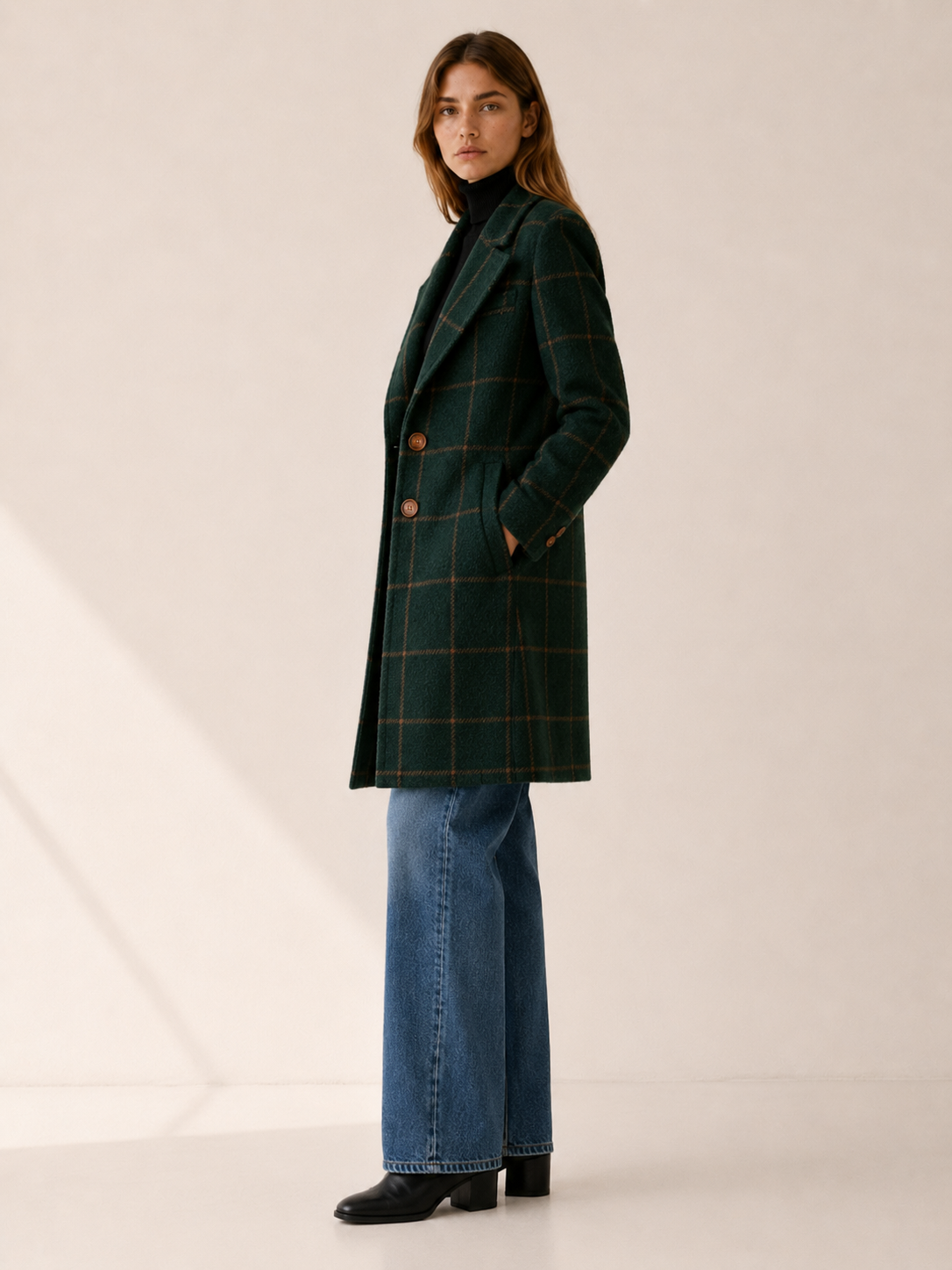 Chic Long Trench Coat for Women with Windowpane Check Notched Lapel Single Button Structured Style