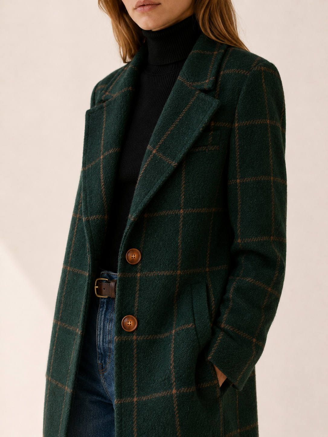 Chic Long Trench Coat for Women with Windowpane Check Notched Lapel Single Button Structured Style
