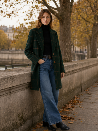 Chic Long Trench Coat for Women with Windowpane Check Notched Lapel Single Button Structured Style