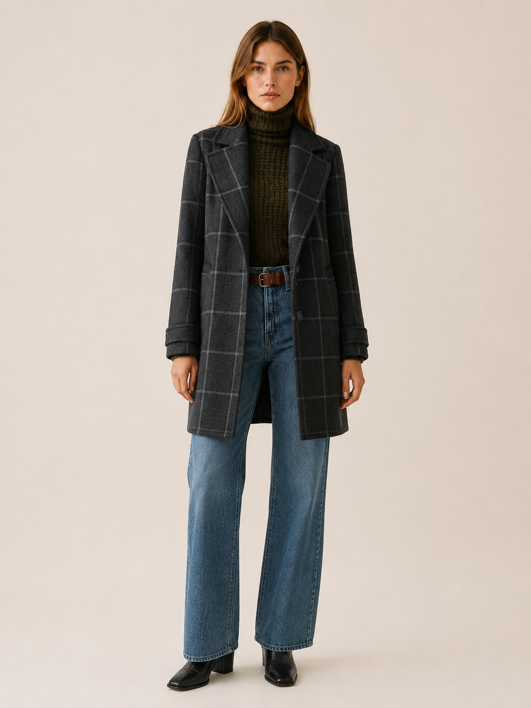 Chic Long Trench Coat for Women with Windowpane Check Notched Lapel Single Button Structured Style