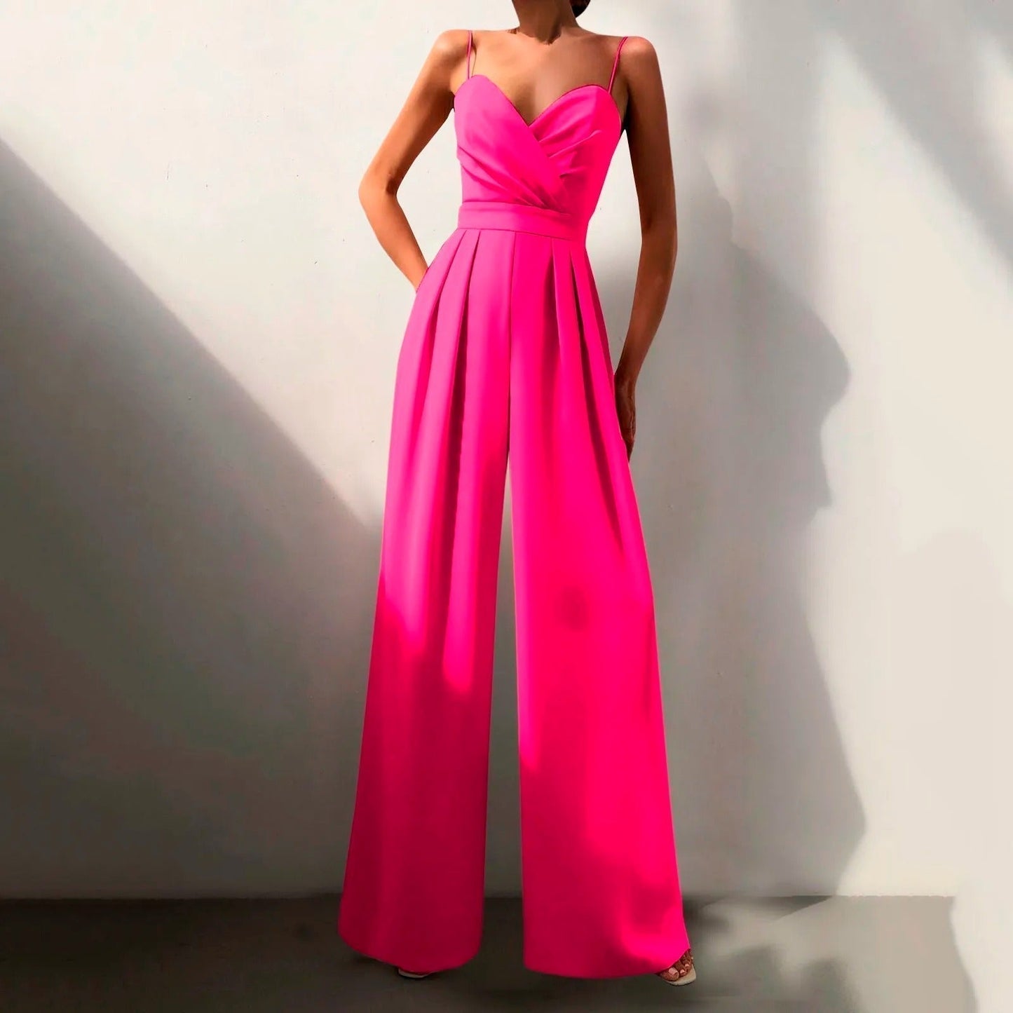Elegant Wide Leg Jumpsuit for Women with V Neck Spaghetti Strap Pleated Waist Formal Style