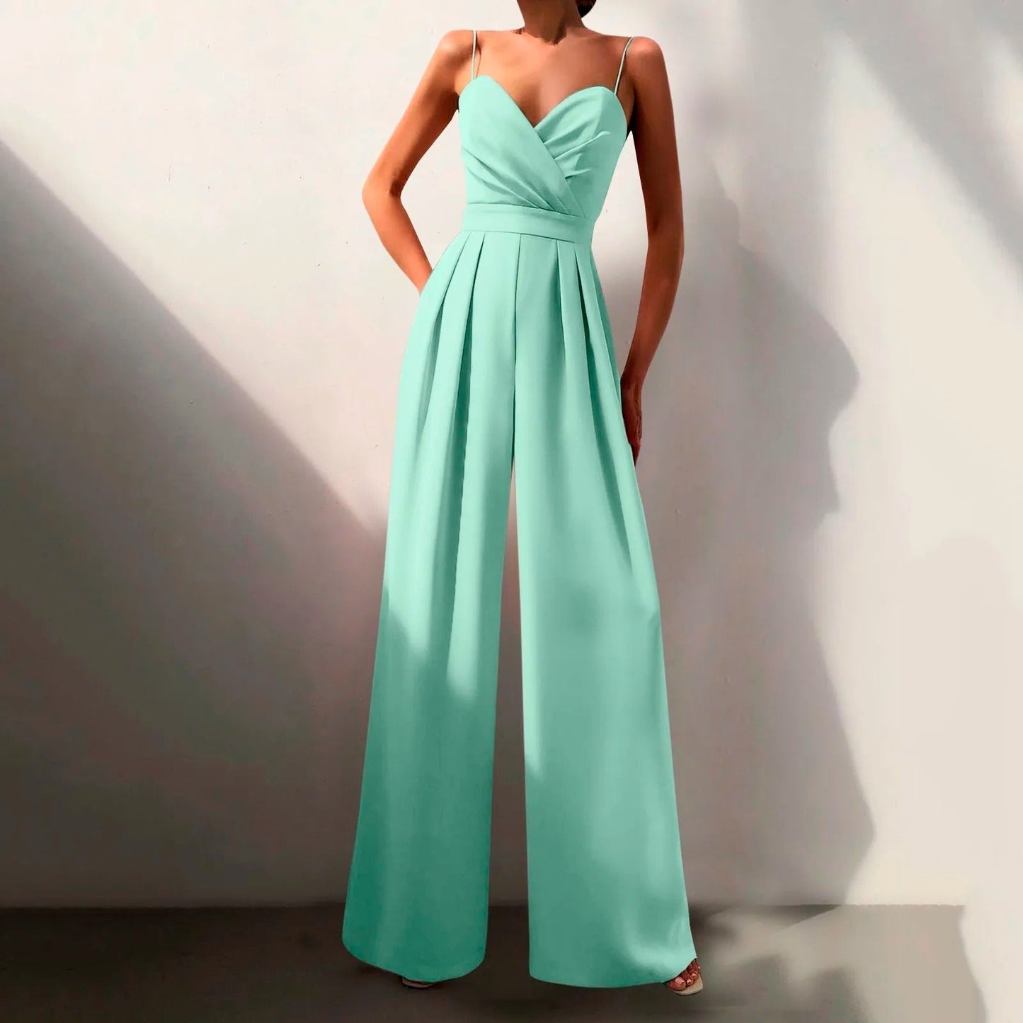 Elegant Wide Leg Jumpsuit for Women with V Neck Spaghetti Strap Pleated Waist Formal Style