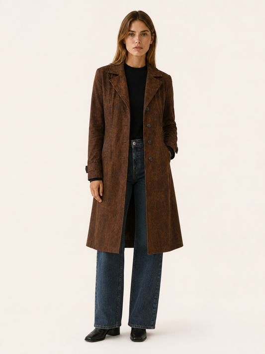 Effortless Long Faux Suede Trench Coat for Women with Notched Lapel Belted Waist Tailored Fall Style
