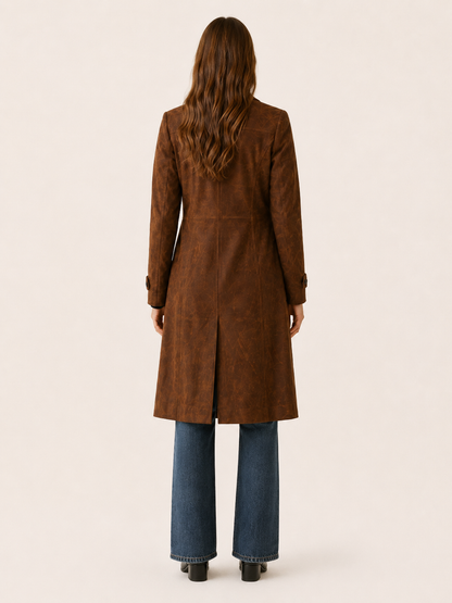 Effortless Long Faux Suede Trench Coat for Women with Notched Lapel Belted Waist Tailored Fall Style