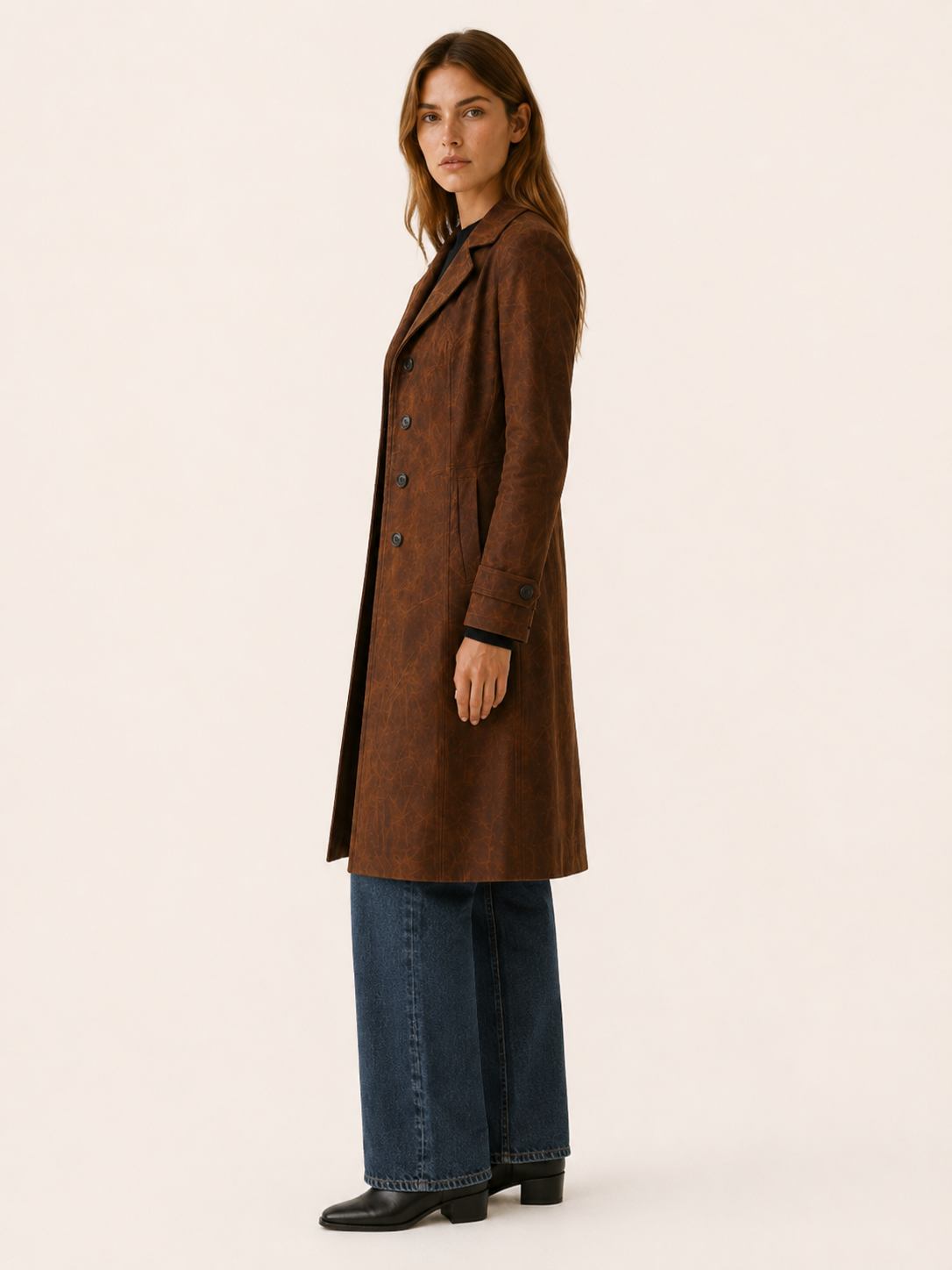 Effortless Long Faux Suede Trench Coat for Women with Notched Lapel Belted Waist Tailored Fall Style