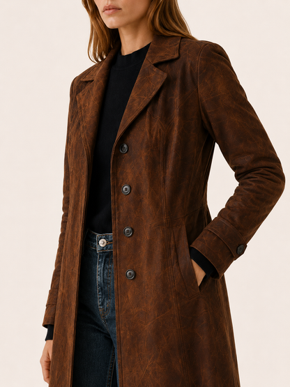 Effortless Long Faux Suede Trench Coat for Women with Notched Lapel Belted Waist Tailored Fall Style