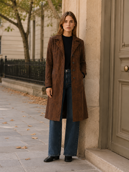 Effortless Long Faux Suede Trench Coat for Women with Notched Lapel Belted Waist Tailored Fall Style