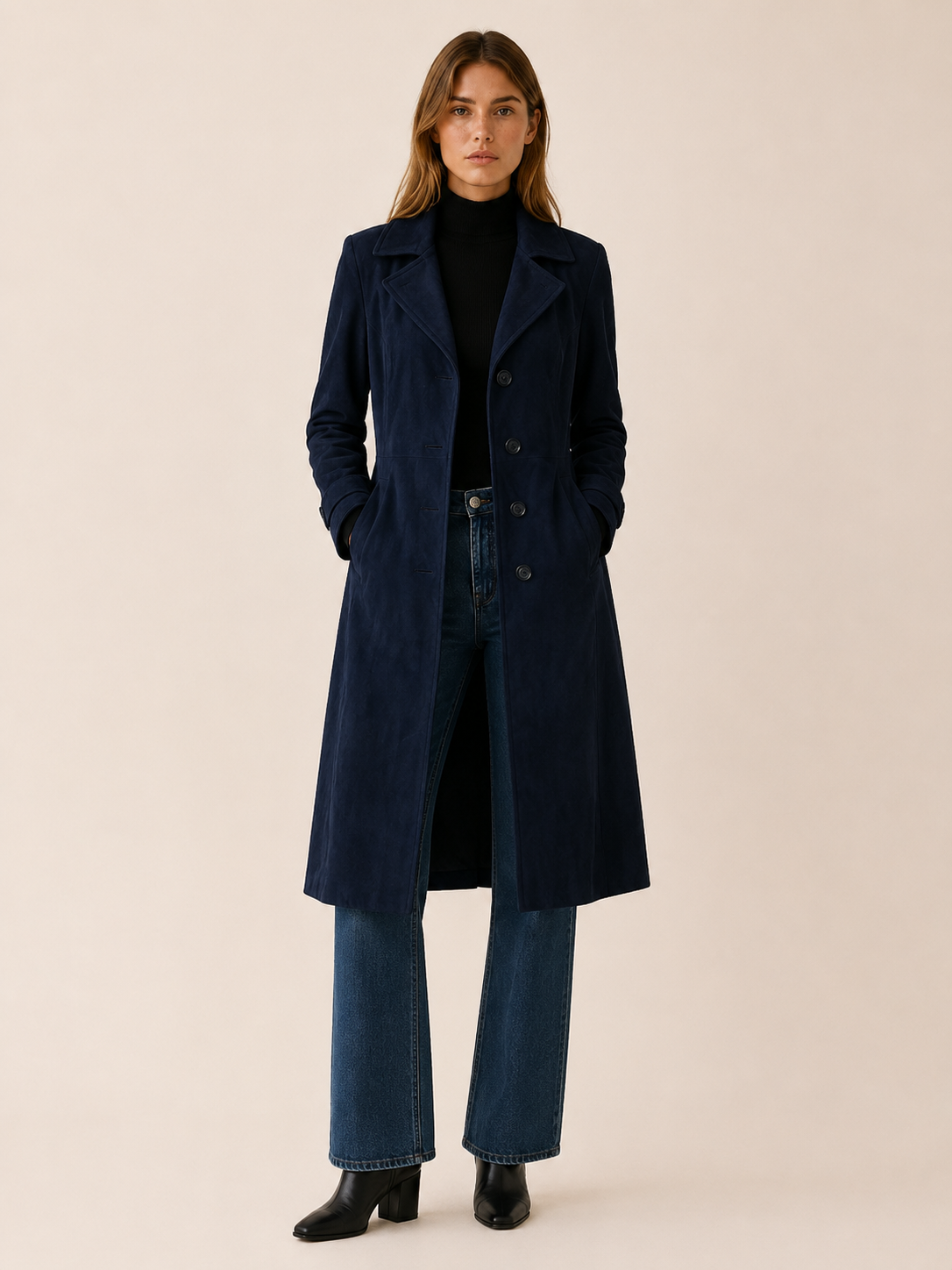 Effortless Long Faux Suede Trench Coat for Women with Notched Lapel Belted Waist Tailored Fall Style