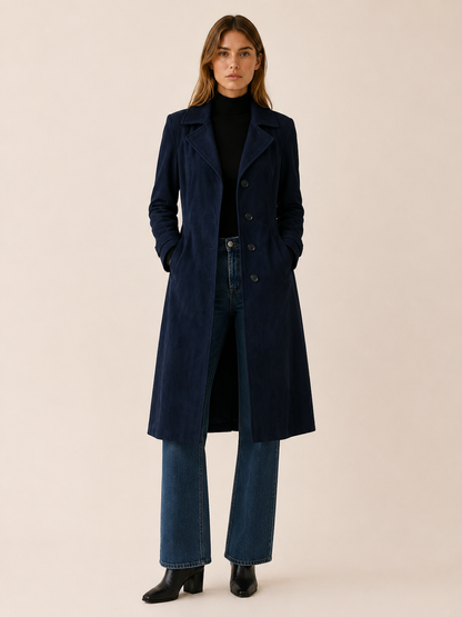 Effortless Long Faux Suede Trench Coat for Women with Notched Lapel Belted Waist Tailored Fall Style
