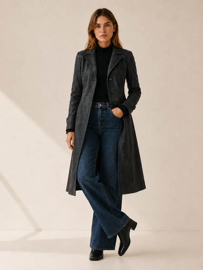 Effortless Long Faux Suede Trench Coat for Women with Notched Lapel Belted Waist Tailored Fall Style