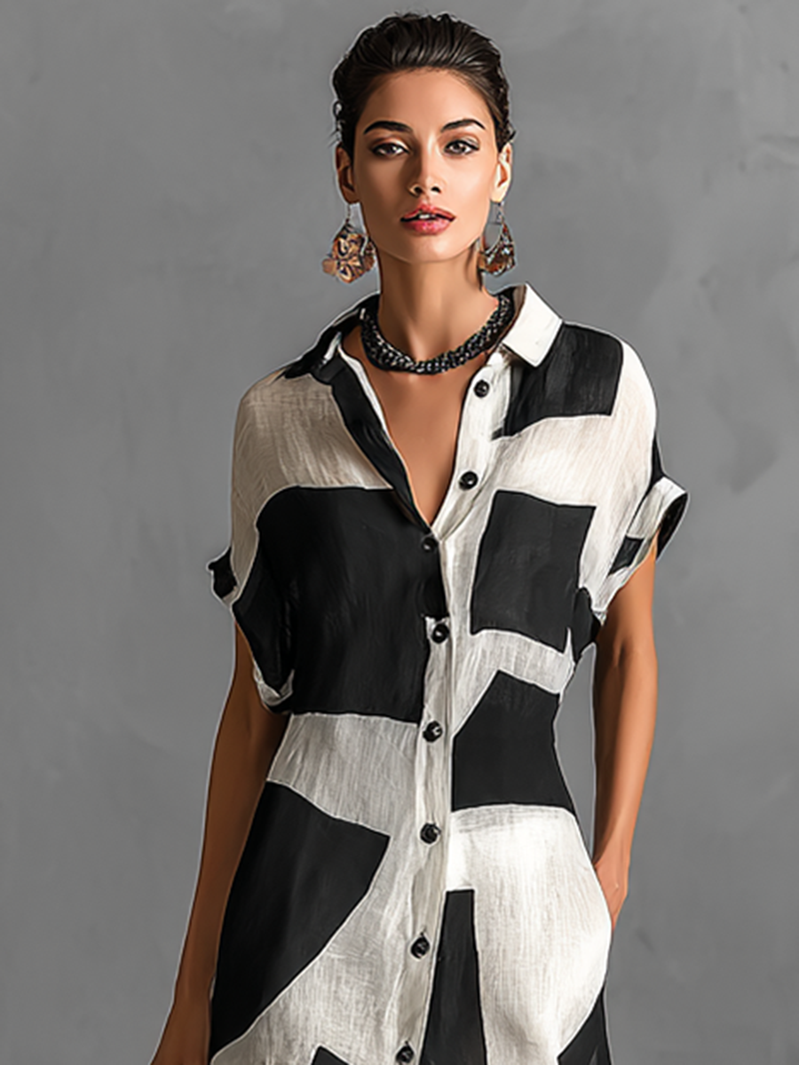 Effortless White Colorblock Maxi Dress for Women with Collar Short Sleeve Button Front Side Slit Style