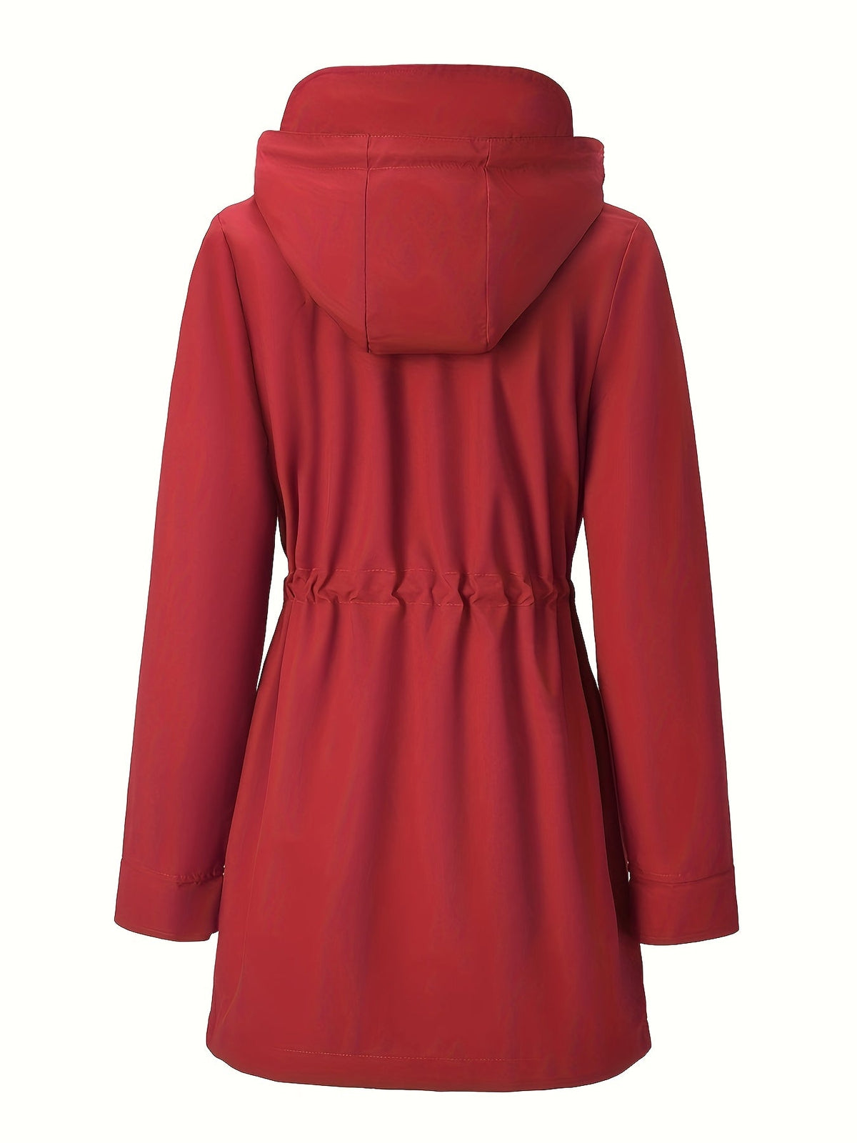 Chic Red Hooded Rainwear Jacket for Women with Plaid Lining Drawstring Waist Front Zip All Weather Style