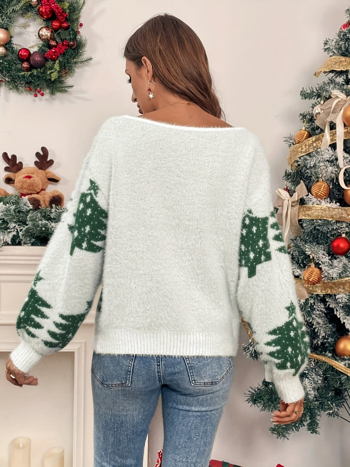 Warm White Christmas Tree Tacky Sweater for Women with Boat Neck Long Sleeve Soft Knit Festive Style