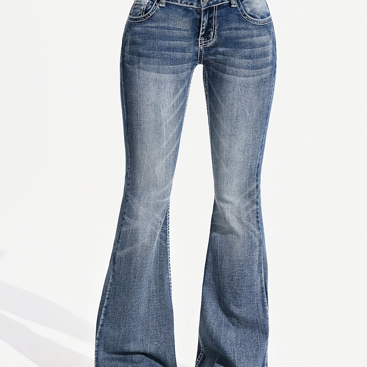 Stylish Blue Bell Bottom Jeans for Women with Low Rise Whisker Wash Flared Relaxed Style