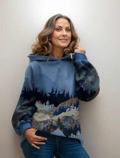 Comfortable Landscape Print Sweater for Women with Hooded Long Sleeve Relaxed Oversized Knit Style