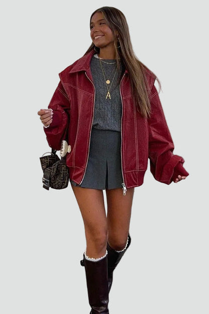 Women's Oversized Zip Front Pockets Bomber Jacket