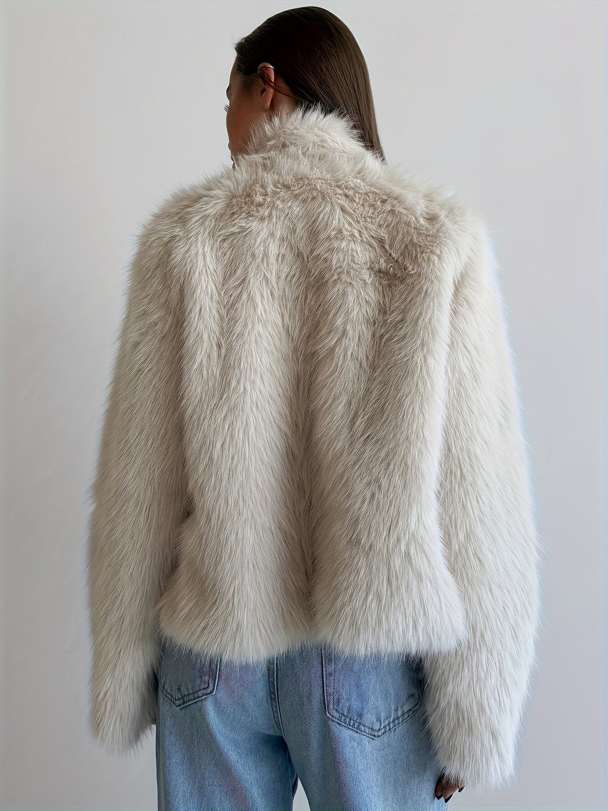 Warm Cream Flurry Coat for Women with Buckle Front Shaggy Faux Fur Cropped Soft Cold Weather Style