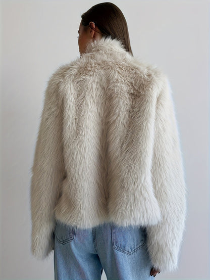 Warm Cream Flurry Coat for Women with Buckle Front Shaggy Faux Fur Cropped Soft Cold Weather Style