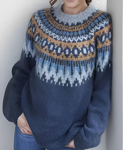 Comfortable Fair Isle Sweater for Women with Crew Neck Long Sleeve Oversized Knit Style