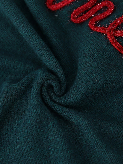 Warm Green Merry Letter Christmas Tacky Sweater for Women with Round Neck Long Sleeve Knit Pullover Festive Style