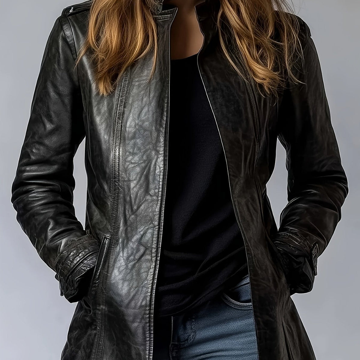 Stylish Black Faux Leather Jacket for Women with Stand Collar Zip Front Fitted Daily Style
