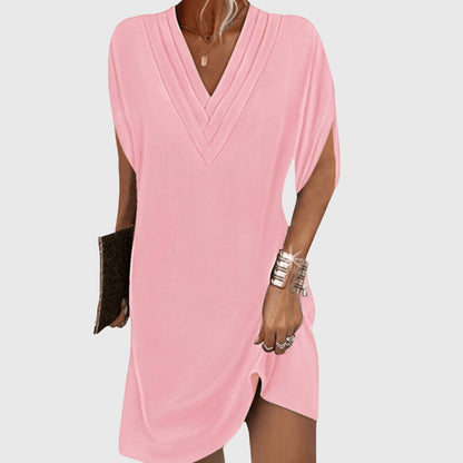 Effortless Mini Dress for Women with V Neck Split Sleeve Tulip Hem Relaxed Flowing Style