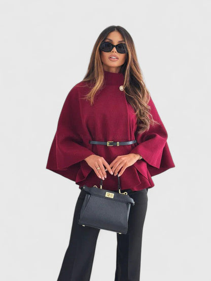 Elegant Cape Jacket for Women with Mock Neck Bell Sleeve Belted Peplum Style