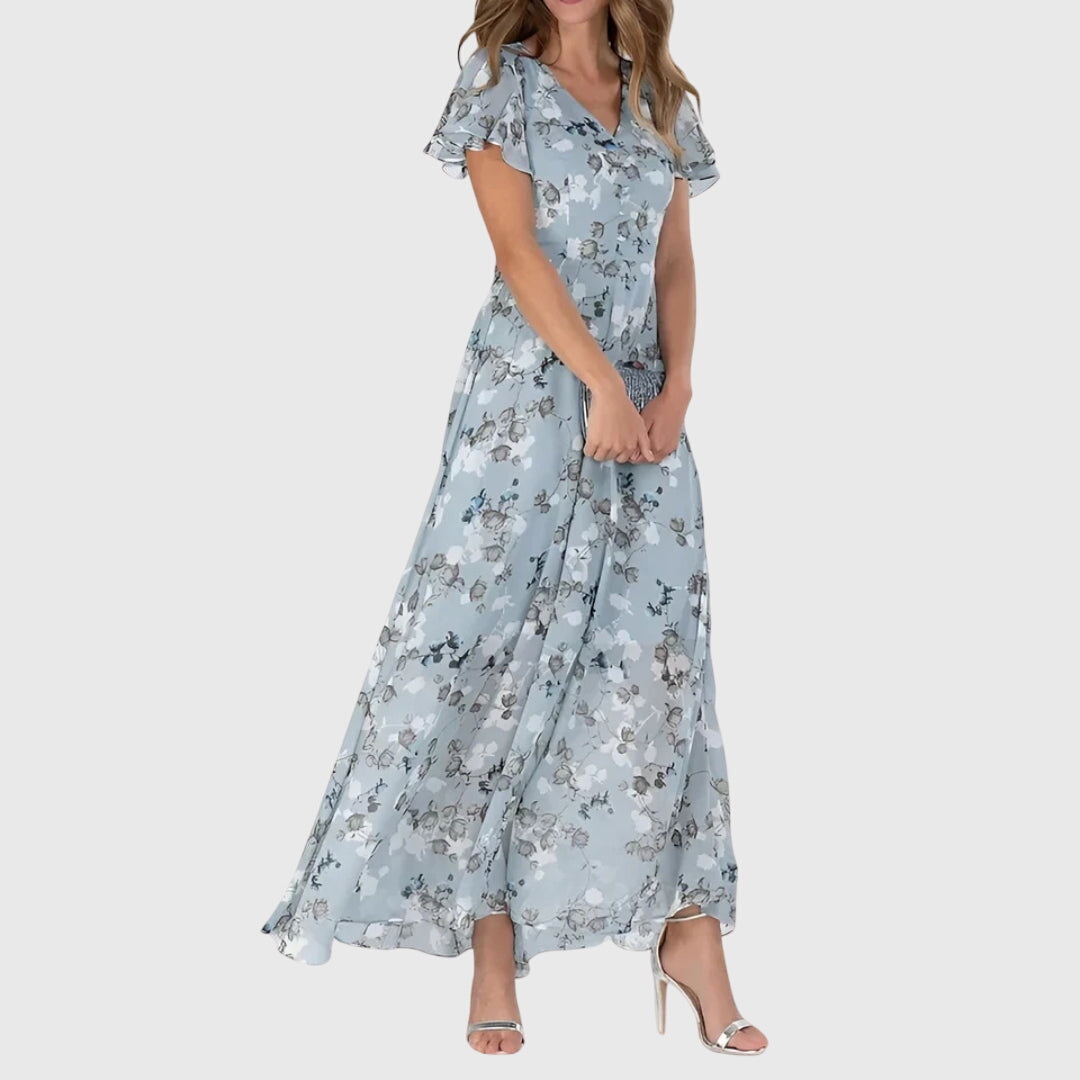 Effortless Floral Maxi Dress for Women with V Neck Flutter Sleeve Flowing Wedding Guest Style