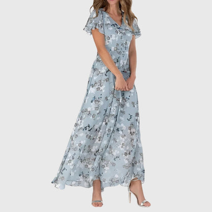 Effortless Floral Maxi Dress for Women with V Neck Flutter Sleeve Flowing Wedding Guest Style