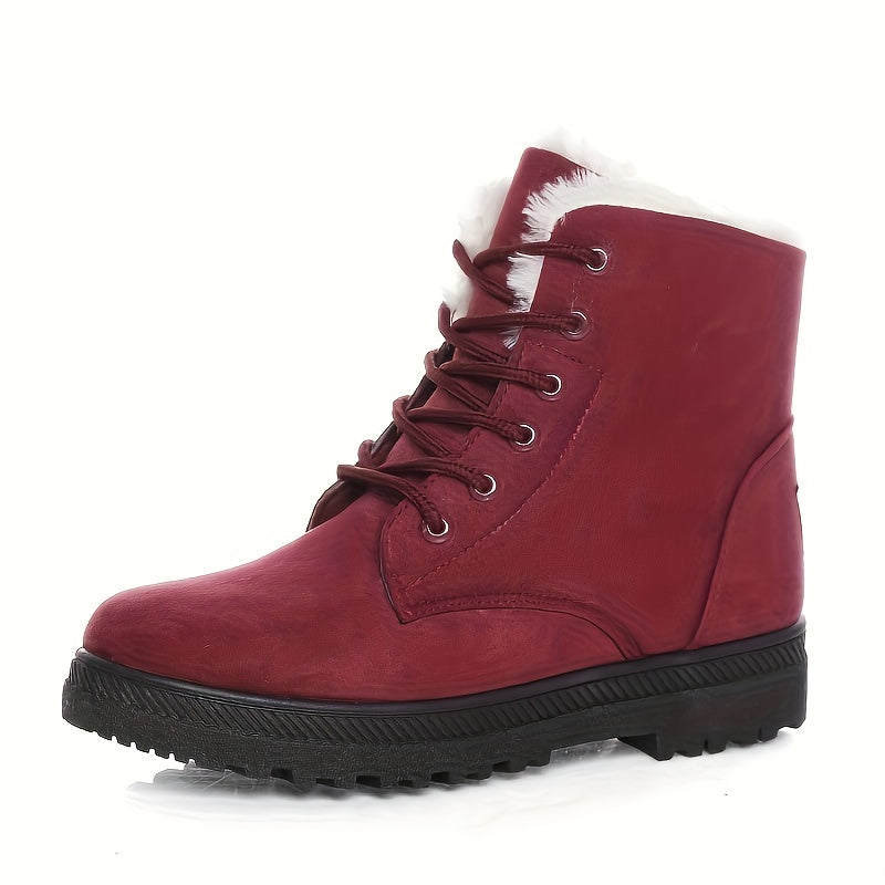 Warm Lace Up Snow Boots for Women with Fleece Cuff Almond Toe Chunky Sole Winter Snowproof Style