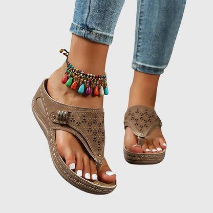 Comfortable Wedge Sandal for Women with Toe Post Buckle Strap Perforated Cushioned Style