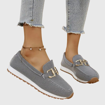 Comfortable Knit Mesh Loafer Sneaker for Women with Gold Horsebit Buckle Platform Slip On Casual Style