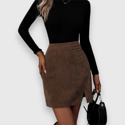 Effortless Brown Corduroy Mini Skirt for Women with High Waist Wrap Front Slit Casual Style