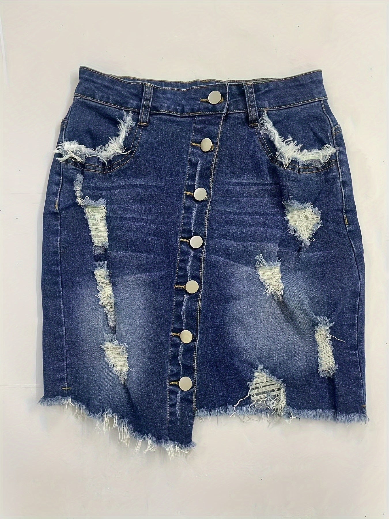 Elegant Blue Distressed Denim Mini Skirt for Women with Button Front Frayed Hem Asymmetrical Style