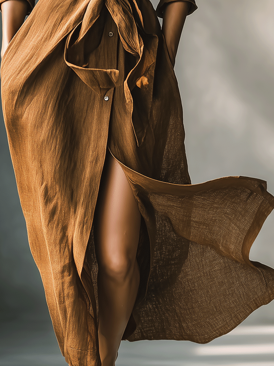 Elegant Brown Linen Shirt Dress for Women with Collar Long Sleeve Tie Waist Flowing Maxi Style