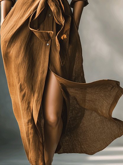 Elegant Brown Linen Shirt Dress for Women with Collar Long Sleeve Tie Waist Flowing Maxi Style