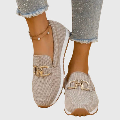 Effortless Knit Mesh Loafer Sneakers for Women with Gold Horsebit Buckle Platform Slip On Style