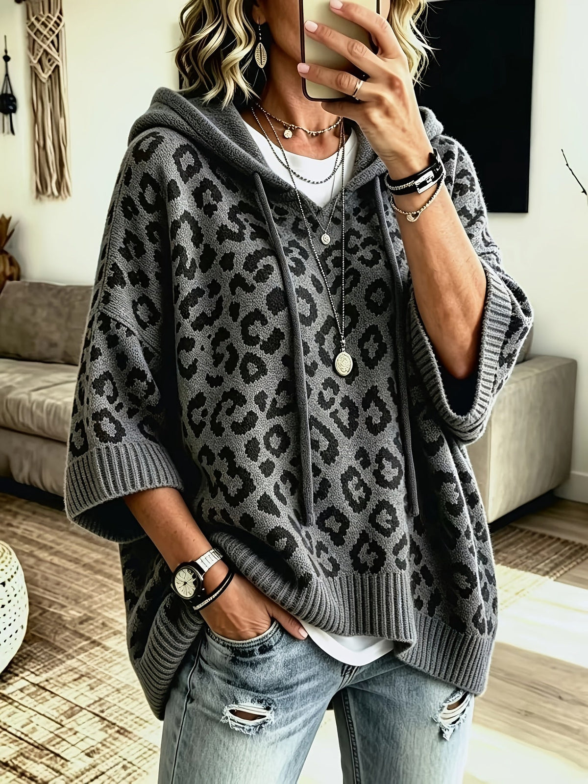 Easy Leopard Print Oversized Hoodie for Women with Hooded Neck Batwing Sleeve Drawstring Knit Style