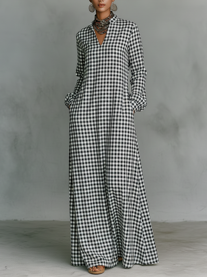 Effortless White Gingham Maxi Dress for Women with V Neck Long Sleeve Relaxed Flowing Style