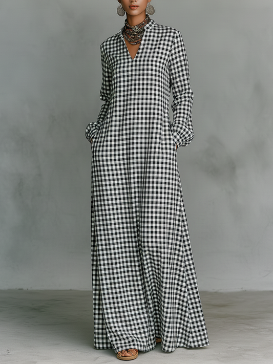 Effortless White Gingham Maxi Dress for Women with V Neck Long Sleeve Relaxed Flowing Style